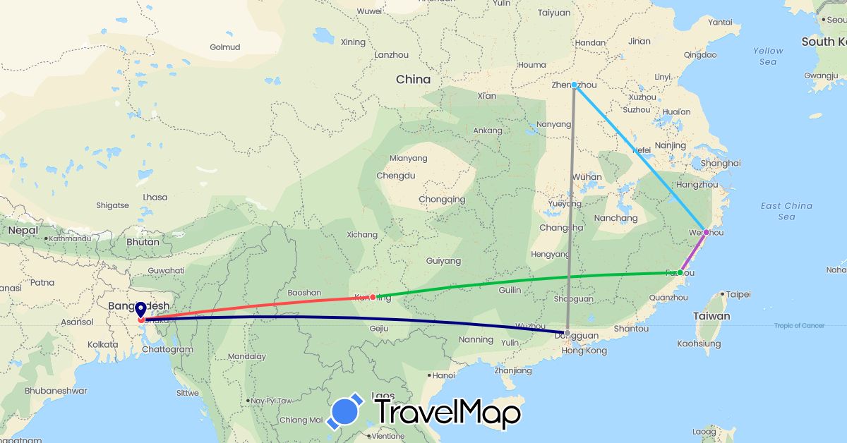 TravelMap itinerary: driving, bus, plane, train, hiking, boat in Bangladesh, China (Asia)